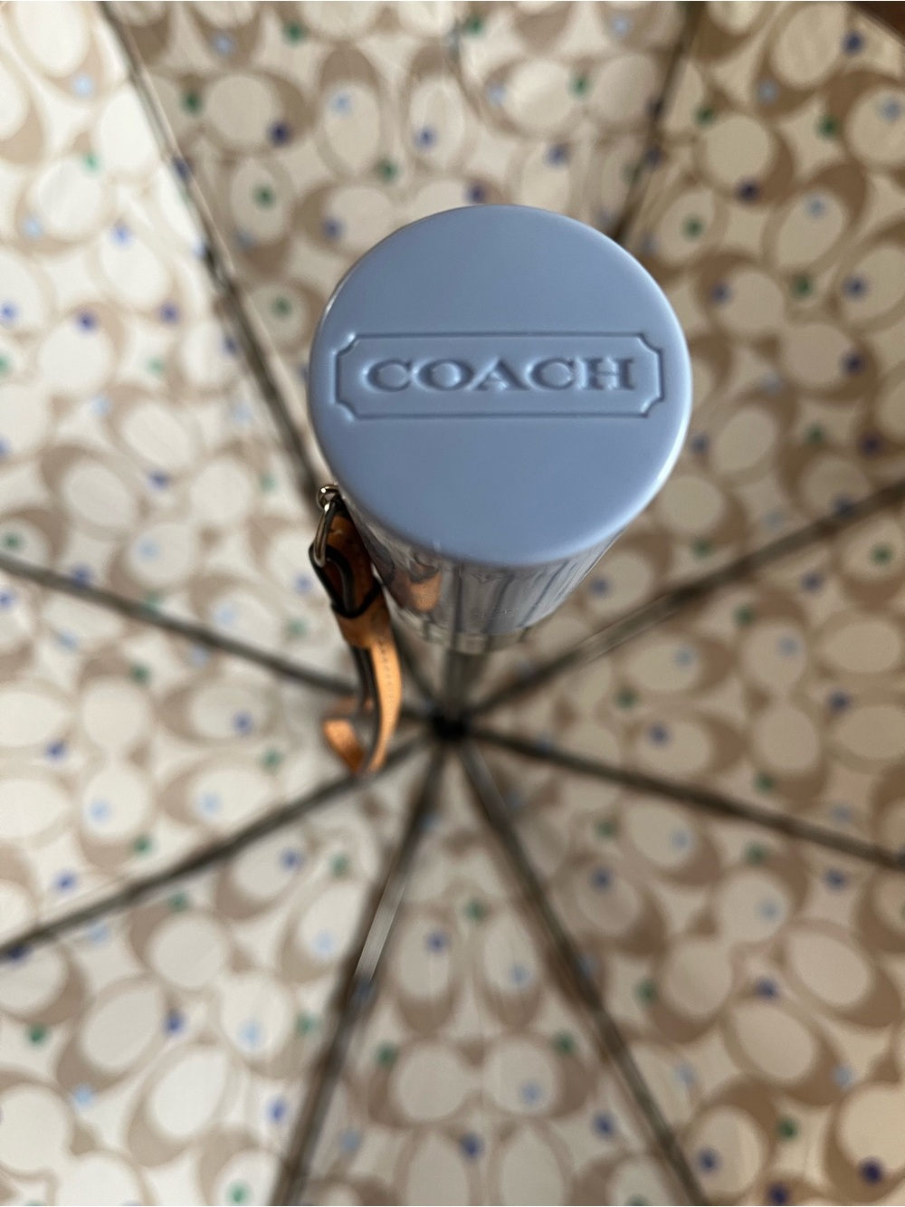 Coach Compact Umbrella in Light Blue and Beige Polka Dot Print